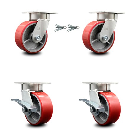 Service Caster 5 Inch Kingpinless Red Poly on Steel Wheel Caster Swivel Locks 2 Brakes, 2PK SCC-KP30S520-PUR-RS-BSL-2-SLB-2